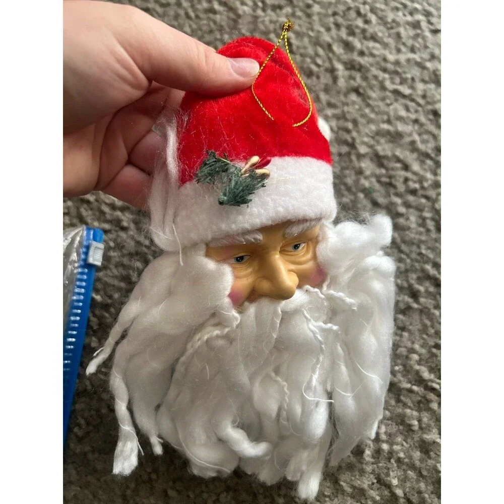 Vintage SANTA CLAUS Hard Plastic Face  White Yarn Beard Hanging Ornament VGC